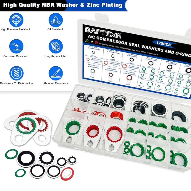 Daptemn 175 PCS A/C Compressor System Seal Washers Kit, 12 Size Air Conditioning Gasket and 18 Size Car AC O Rings, Universal Vehicle Repairs Automotive Self-Centered Washer - Image 5